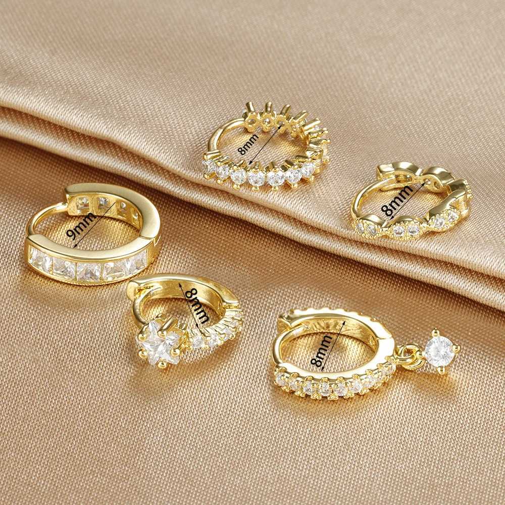 1PC 18K Gold Plated Stainless Steel Round Circle Earrings for Women Teens Cubic Zircon Star Leaf Hoop Earrings Piercing Jewelry Z250408