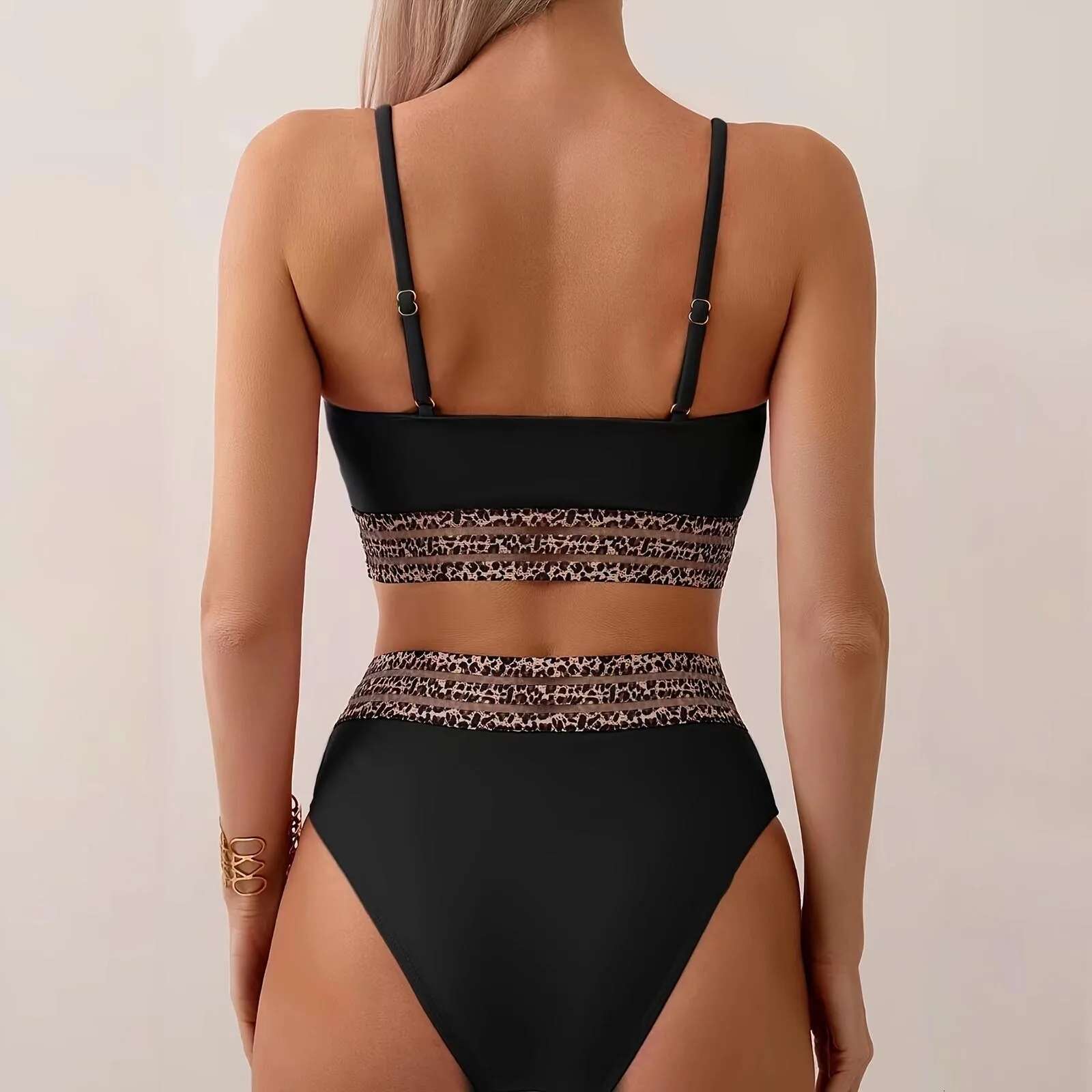 Dongdumaoyi New Bikini Set Leopard Patchwork Piece Swimsuit For Women Sexy Black High Waist U Neck Suspender Backless Bathing Suit