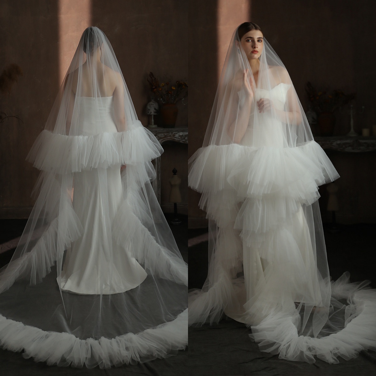 Elegant Wedding Veil Two Layer Long Cathedral Veils Ruffles Ruched Edge Handmade Tulle Customized Bridal Accessories