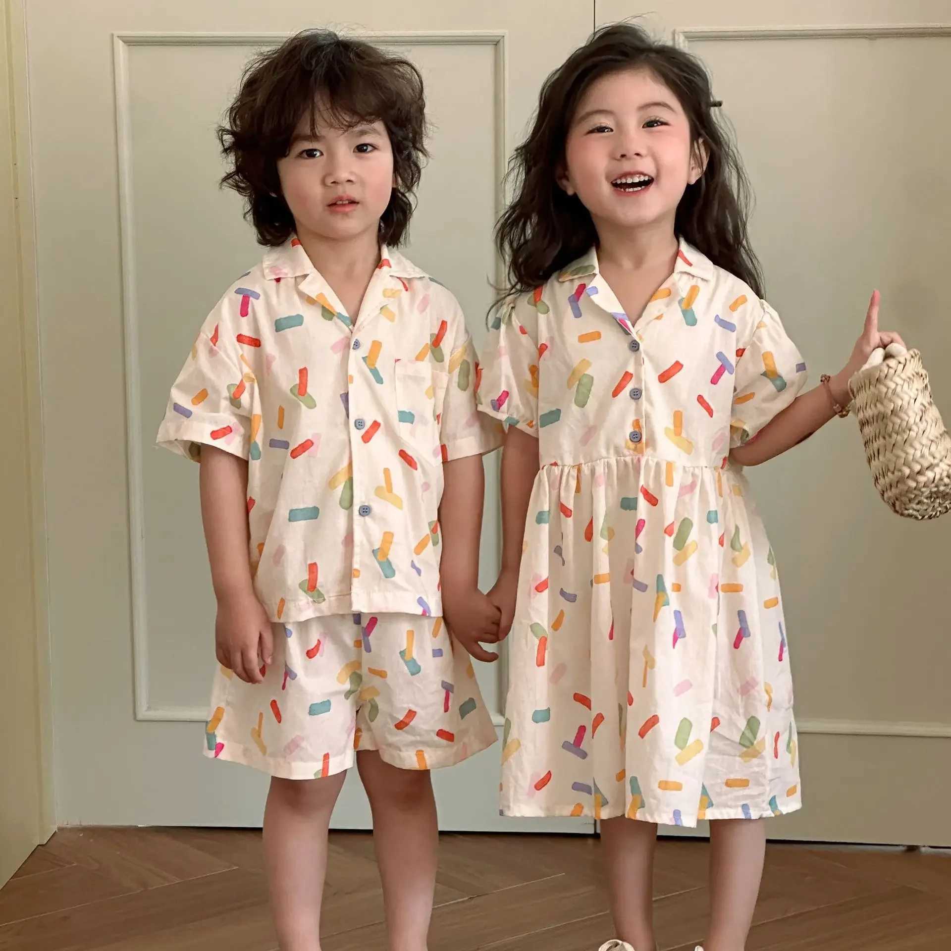 5506 Brothers and Sisters Clothes 2025 Summer New Pure Cotton Boys Suit 1-10 Year Baby Girl Dress Fashion Clothes S2548