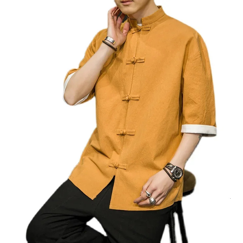 Japanese Style Shirt Mens Summer Chinese Stand Up Collar Yukata Kimono Samurai Wear Colour Blocking T-shirt Hanbok Casual Coat 250408