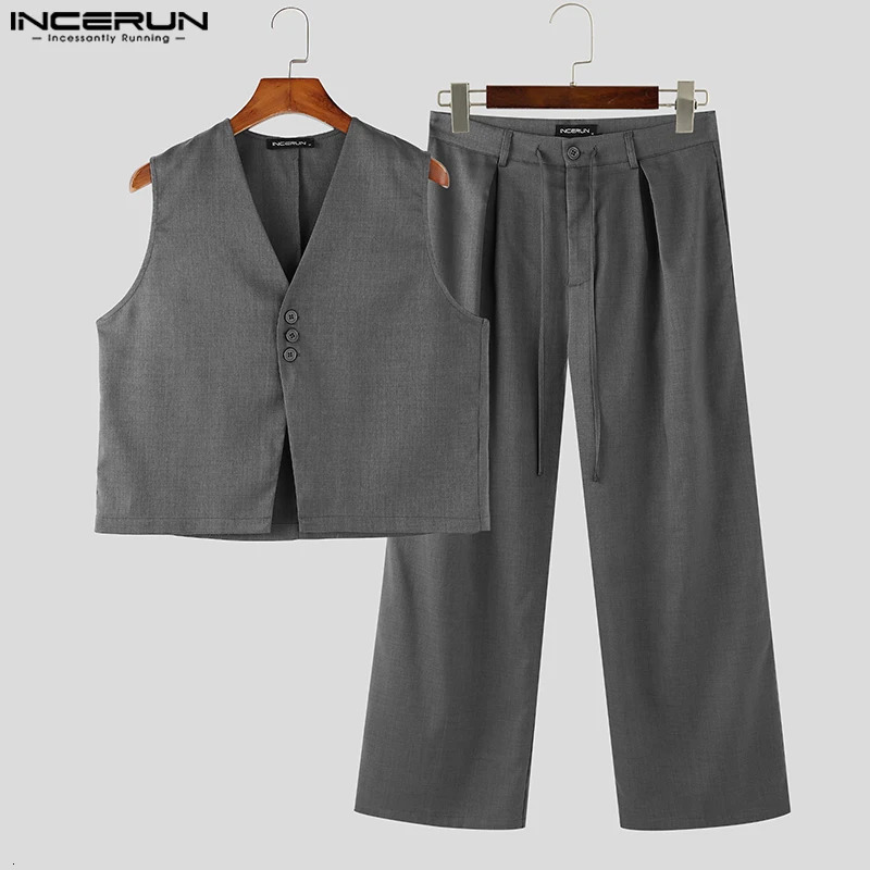 INCERUN Korean style set fashion mens sleeveless vest pants casual street clothing solid twopiece S5XL 250409