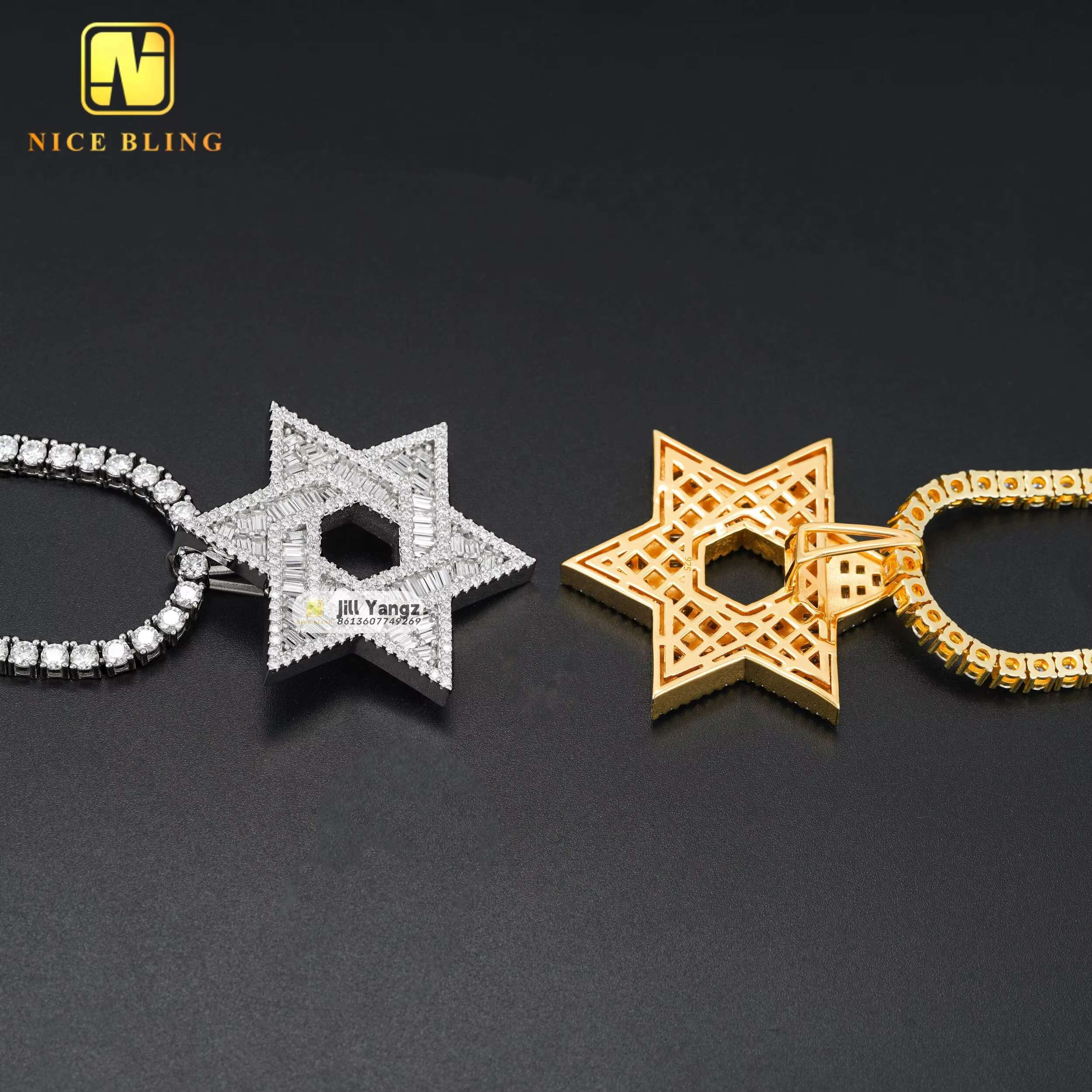 Je Star of David Pendant Charms Pentagram Custom Jewelry Manufacturers Baguette Cut 925 Moissanite Hip Hop Rock Gifts Idea
