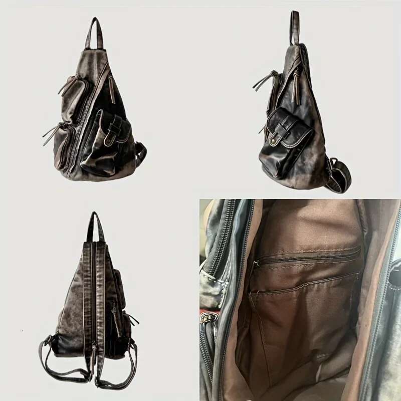 Women's Fashion Vintage Distressed Backpack Washed Vegan Leather Multi-Pocket Shoulder Crossbody Bag