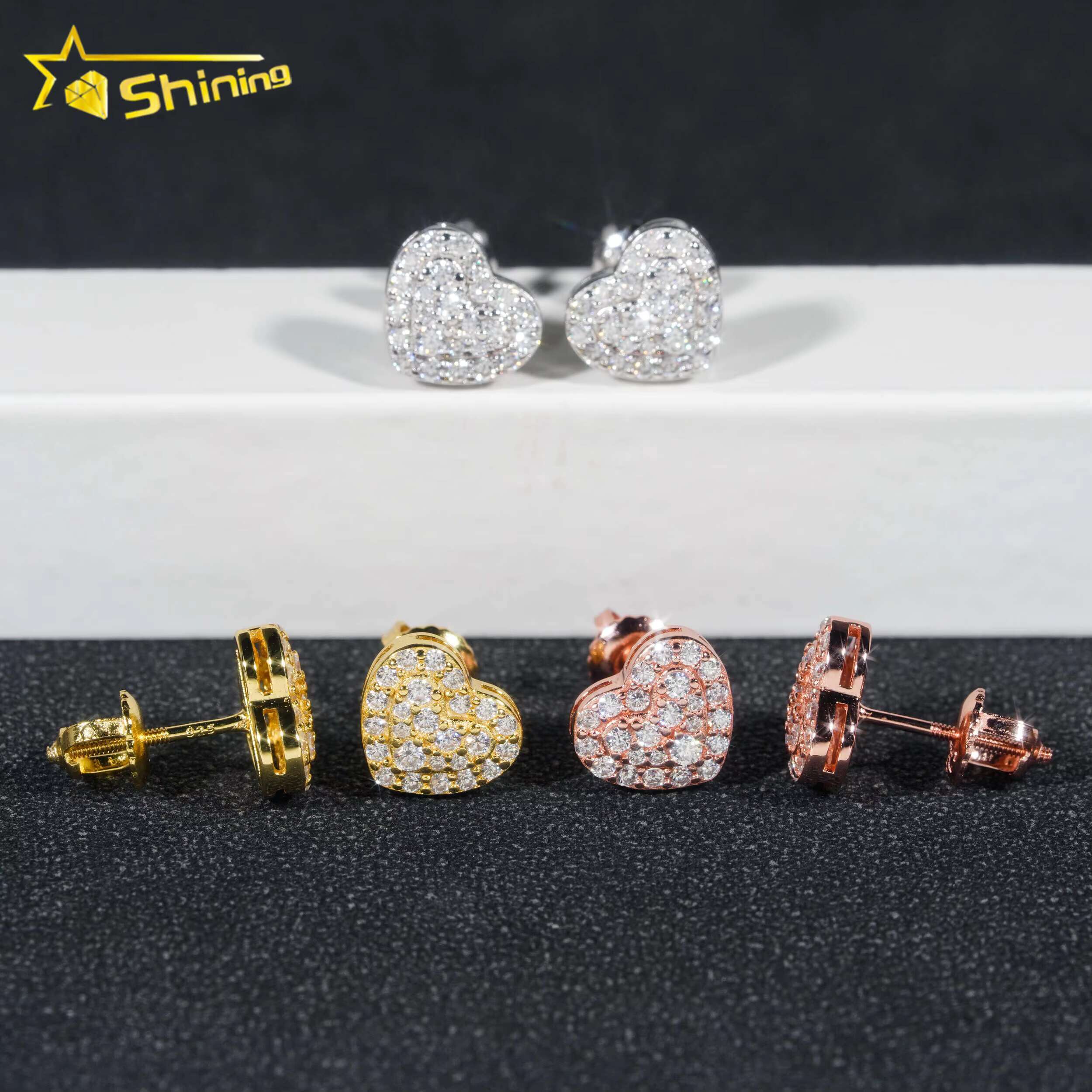 New Stock Hear Stud Earring Fine Jewelry Gold Plated 925 Sterling Silver Iced Out VVS Diamond Hip Hop Moissanite Earrings