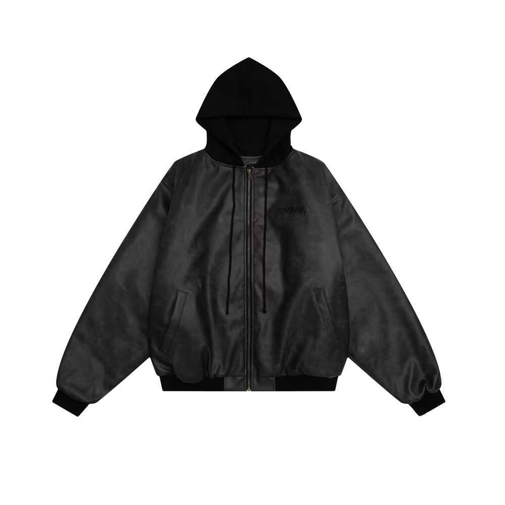 Letter Embroidery Pleated Quilted Jacket Mens High Street Autumn Winter Spliced Hooded Long Sleeve Thick Outerwear Men