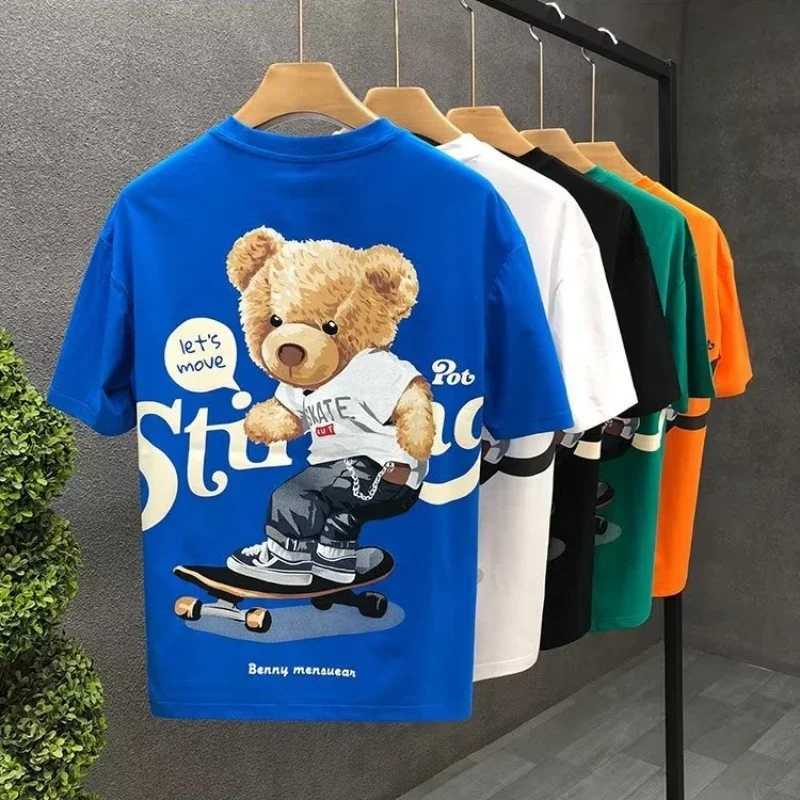 Summer mens cotton T-shirt Korean mens cool bear short sleeved top high-quality white T-shirt O-neck T-shirt mens clothingXJ250409