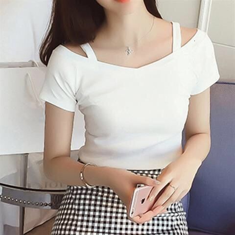 2025S Designer Women S T Shirt Summer New Korean Hanging Strap Short Sleeved T Shirt Women S One Line Neck Off Shoulder Sexy Slim Fit Student Top