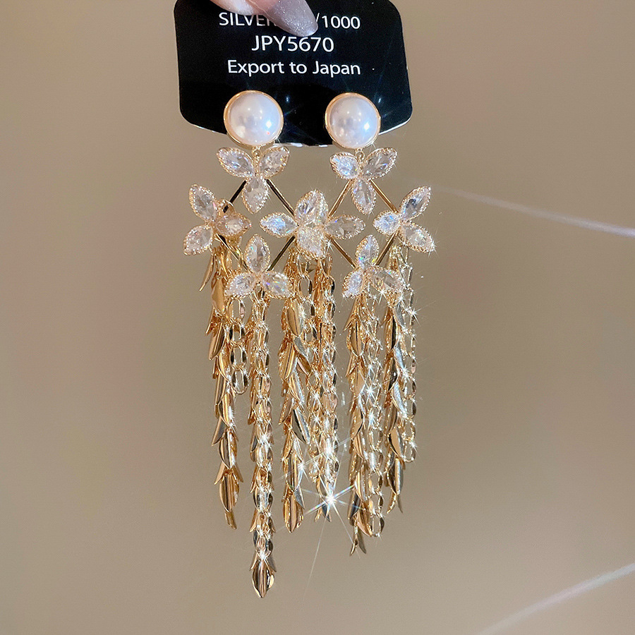 18K Real Gold Plated Flower Tassel Pearl Stud Palace Style Retro Elegant Earrings Light Luxury High-end Feel Ear Jewelry - view 6