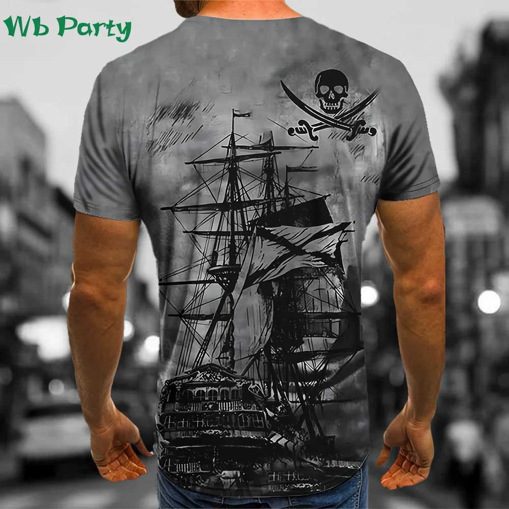 Pirate ship pattern printing mens clothing T-shirt mens short sleeved T-shirt mens T-shirtXJ250409