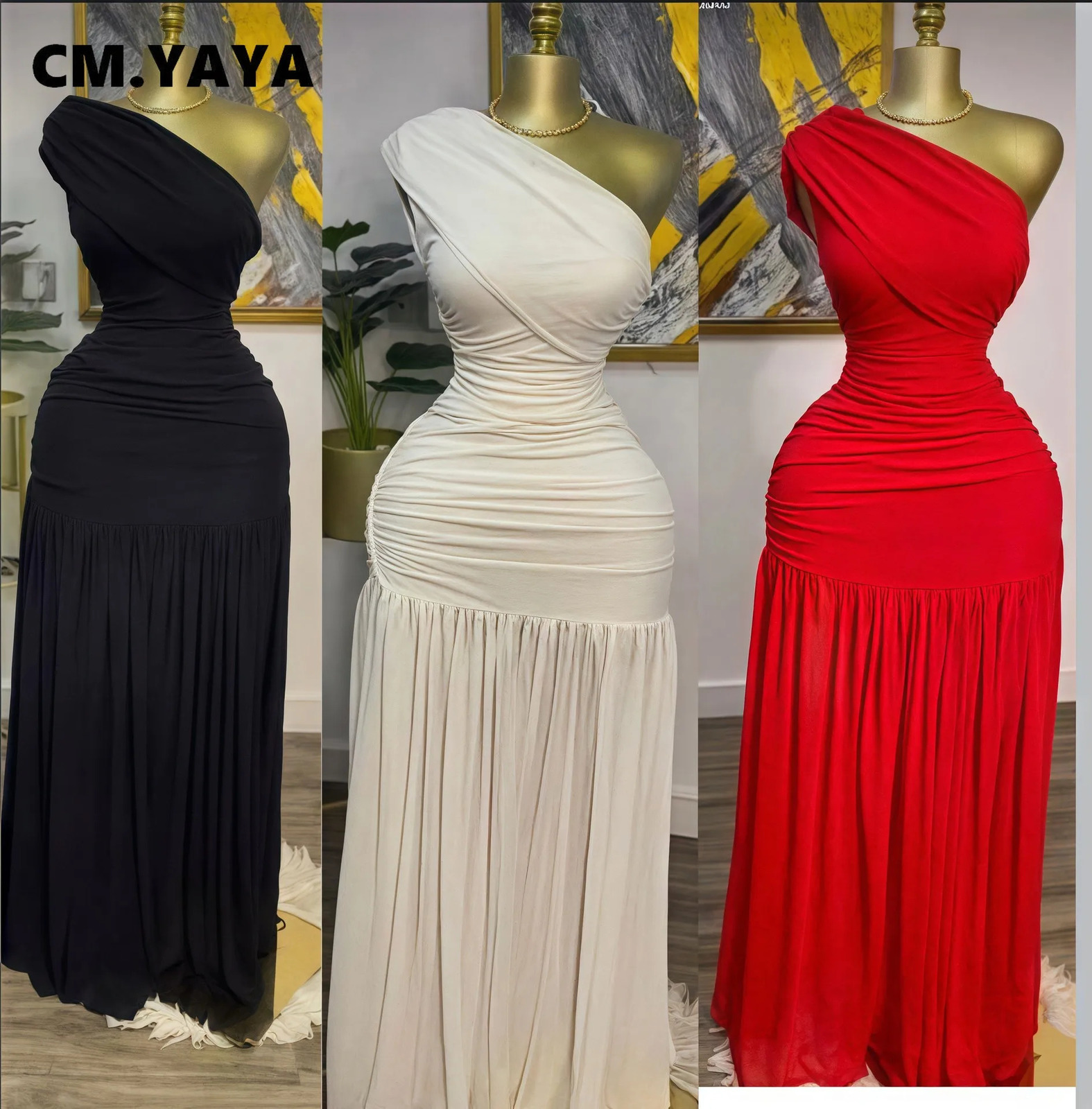 CM YAYA Womens One Shoulder Skeleton Neck High Split Folded Bottom Body Long Skirt Evening Sexy Club Party Dress Vestido 250409