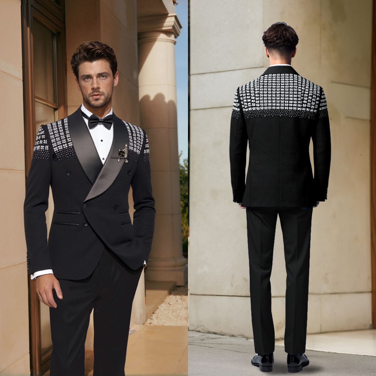 Formal Wedding Tuxedos Beaded Crystal Double Breasted Men Suit 2 Piece Set Jacket Pants Trim Fit Business Evening Suits Blazers