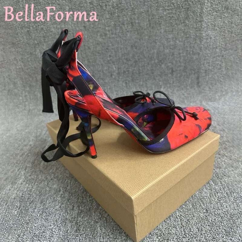 Women's Rose Printing Platform Sandals Bowknots Sweet Mature Sexy Banquet Dress Pleated Ribbon Silk Lace-Up Sgback High Heels