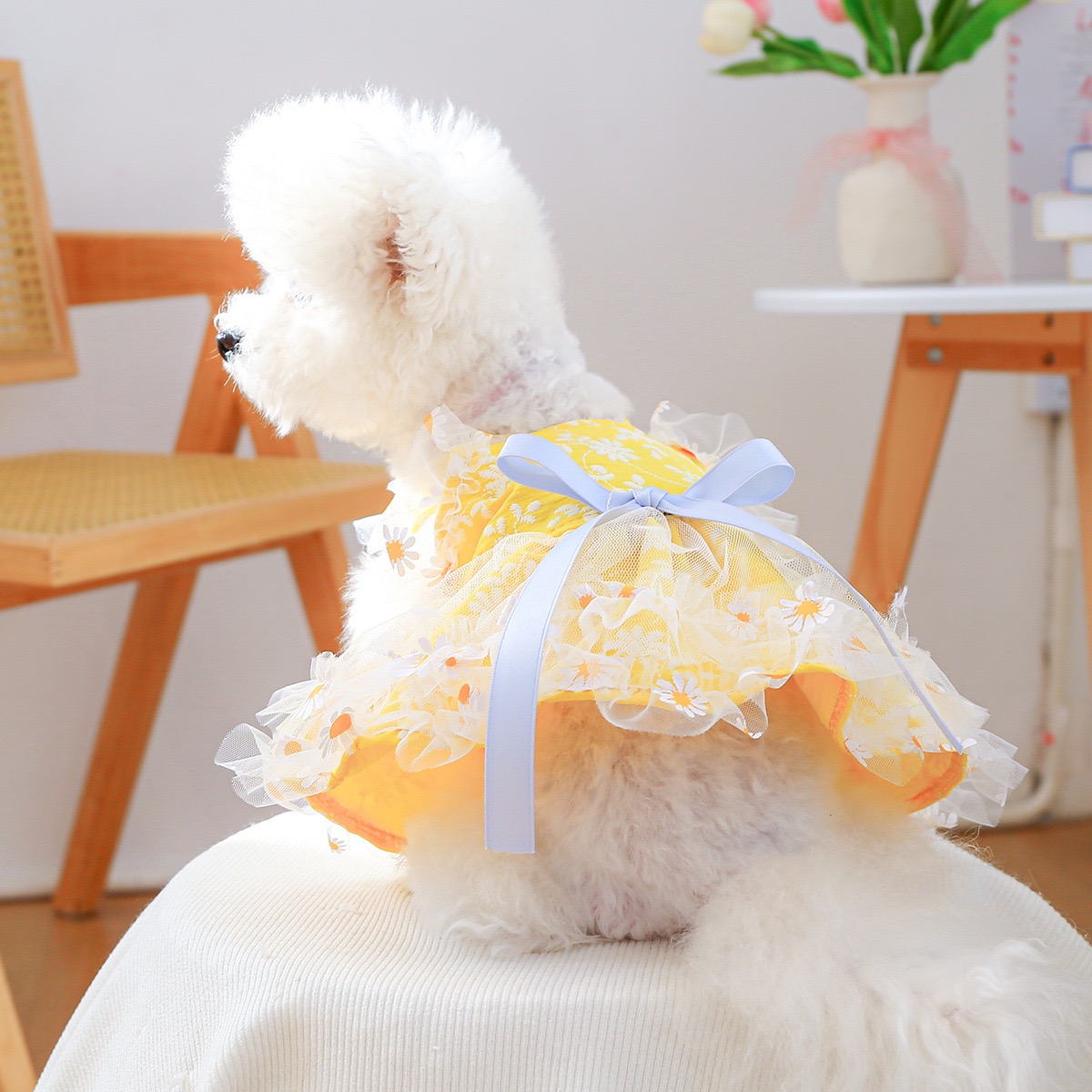 Fancy Dog Dresses , Embroidered Dog Wedding Dress, Bow Puppy Clothes for Small pet Girl Multi-Layer Lace Cat Outfit