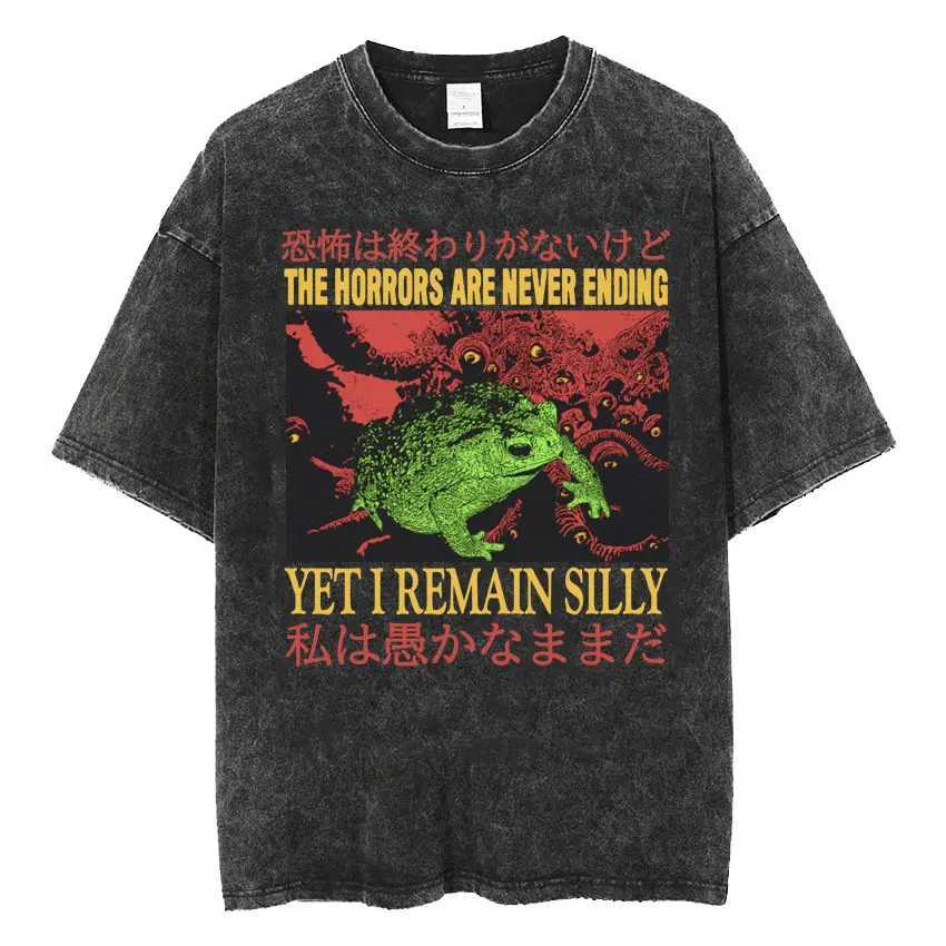 Terror will never end but I still have silly T-shirts with fun Japanese style frog retro wash T-shirts for mens oversized T-shirtsXJ250409