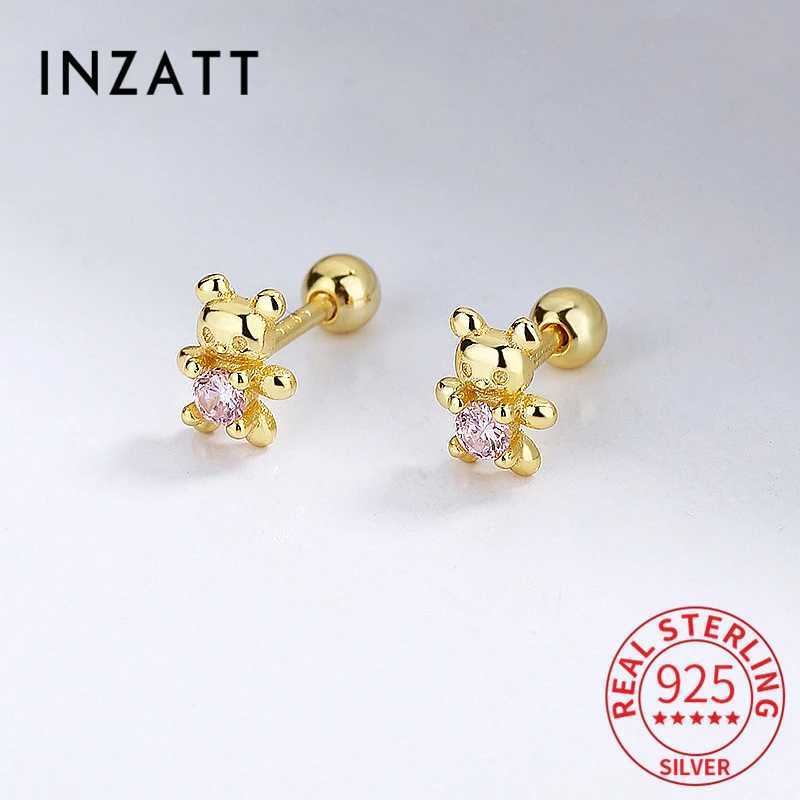 INZATT Real 925 Sterling Silver Zircon Bear Piercing Screw Ball Stud Earrings for Women Cute Animal Fine Jewelry Accessories Z250408