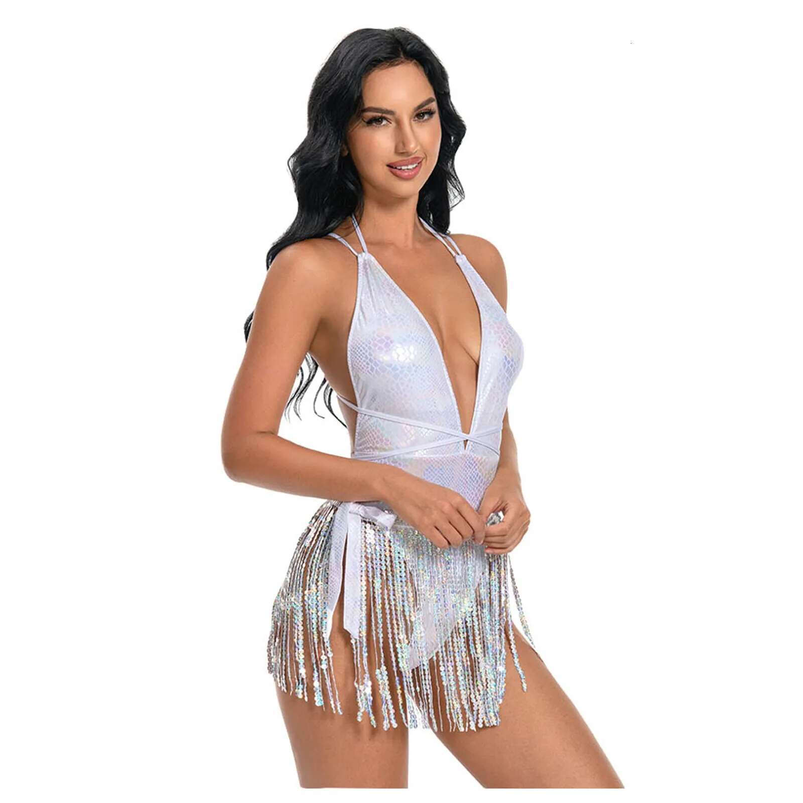 Dongdumaoyi Sexy Bikini Set Pole Dance Costume One Piece Bodysuit Backless Tassel Hip Scarf Beach Party Rave Outfit Gogo Dancer Suit White