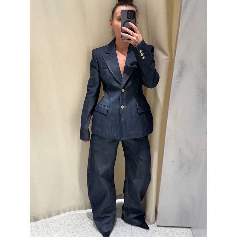 Designer clothing Elegant 3 Pieces Denim Blazer Long Sets For Women Spring Single Breasted Suit Jacket Chic V-neck Vest Wide Leg Pants Suits