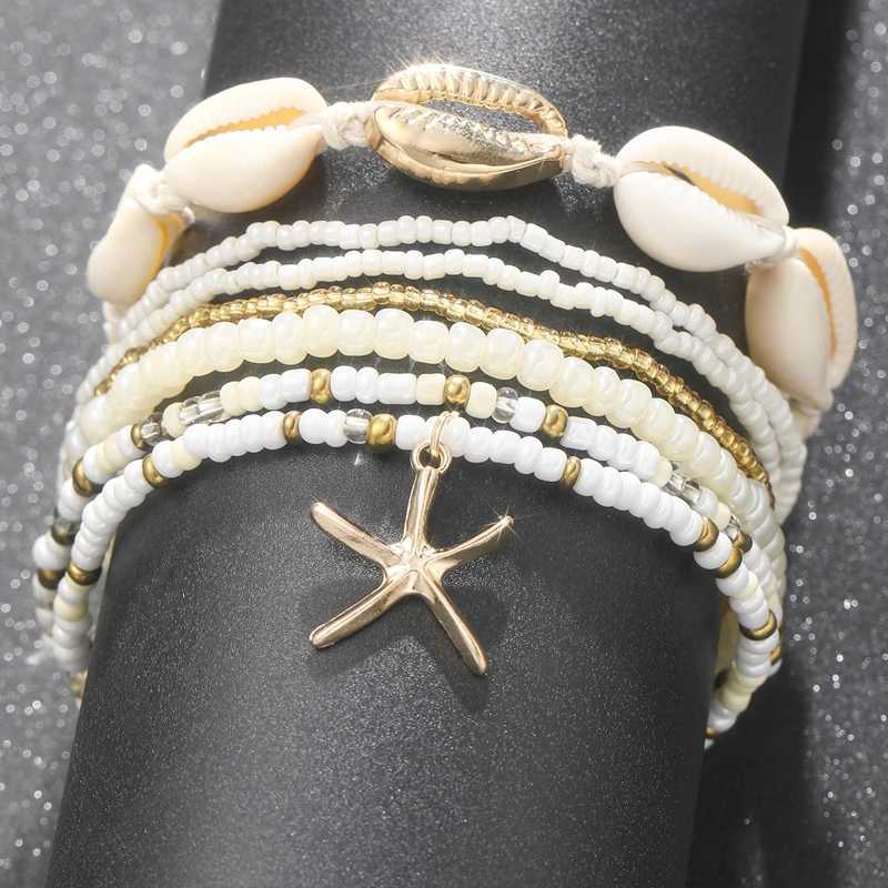 7pc/set Bohemian Rice Beads Starfish Pendant Anklet Set Fashion Summer Beach Sea Shell Multilayer Ankle Bracelet On Foot Jewelry Z250408