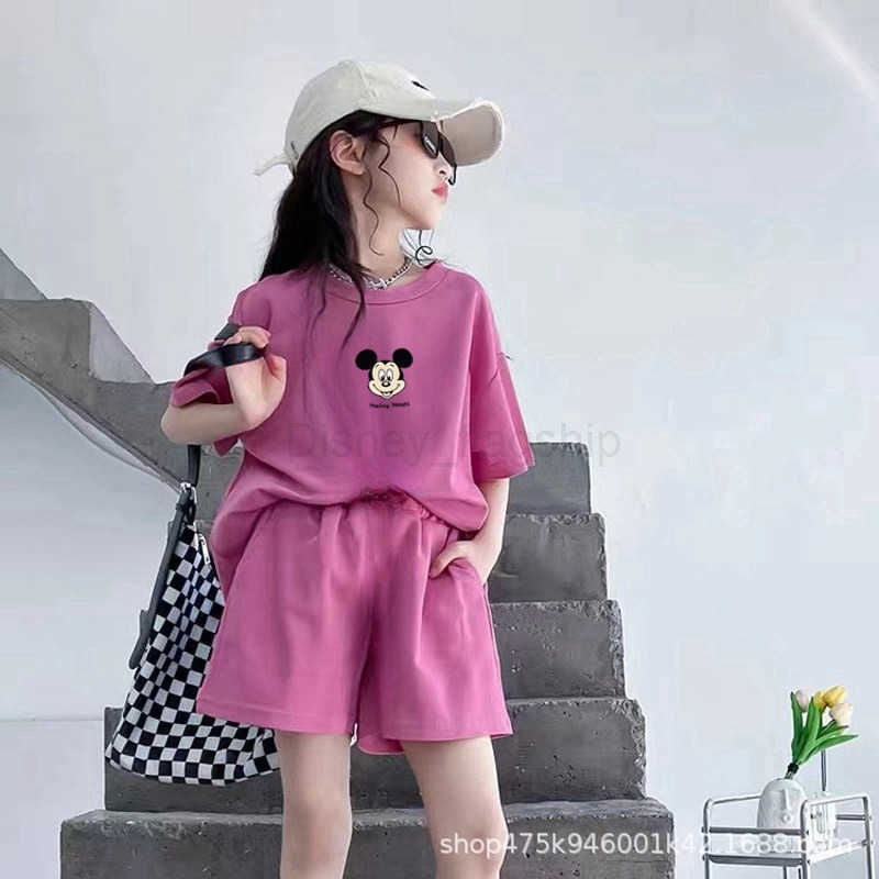 Disney Summer Dress Childrens Cartoon Mickey Leisure Fashion Set Summer Girls Internet Celebrity T-shirt Shorts Sports Two Piece SetXJ250409