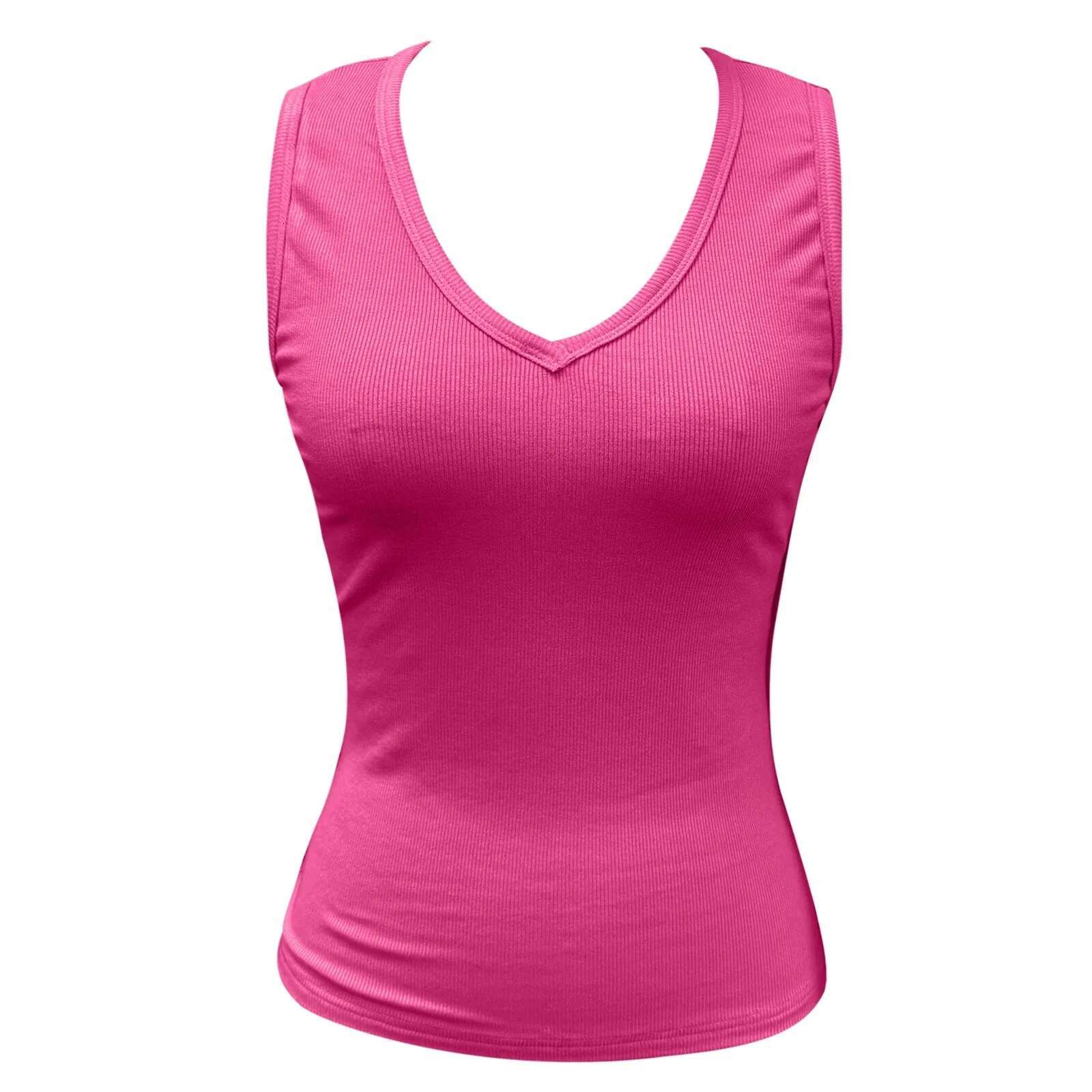 Dongdumaoyi Women Solid Tank Top V Neck Sleeveless Tight Ribbed Female Pink Knit Vest Straps Simple Casual Fiess Sporty Basic Clothing Women S Tight U
