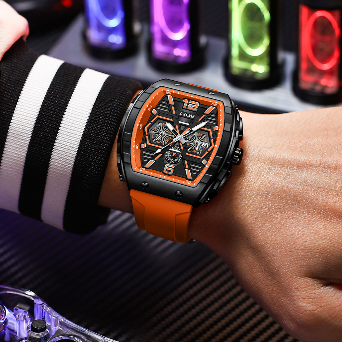 LIGE Men's quartz Watch Classic Business watch lift screen LED glow-in-the dark light wine barrel appearance multi-functional sports watch Quarzu