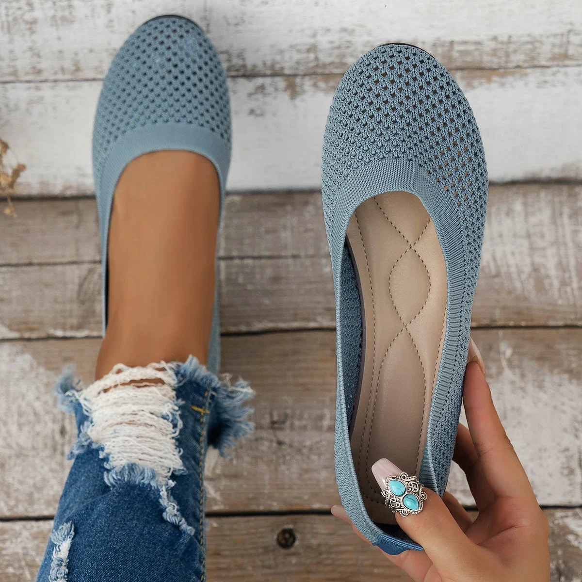 Women Round Toe Flat Shoes Solid Color Knitted Slip on Shoes Casual Breathable Ballet Flats Women Mesh Flat Shoes Loafers Woman 250402