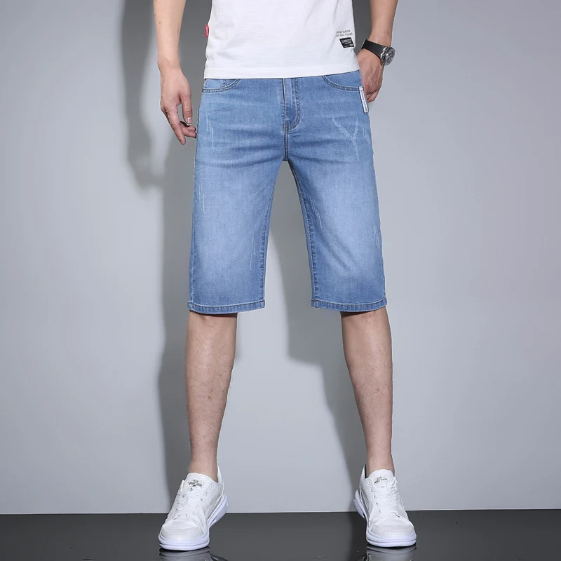 Thin denim shorts mens summer stretch classic business casual Korean straight cotton soft jeans clothing 250409