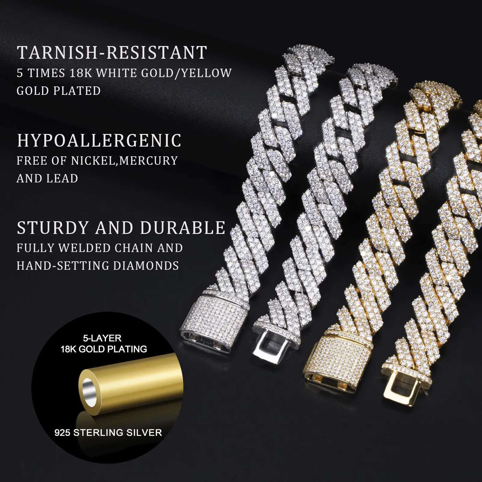 Tarnish Resistant Moissanite Cuban Link Chain 6mm-20mm 925 Sterling Silver Moissanite Cuban Necklace Iced Out Chains for Men