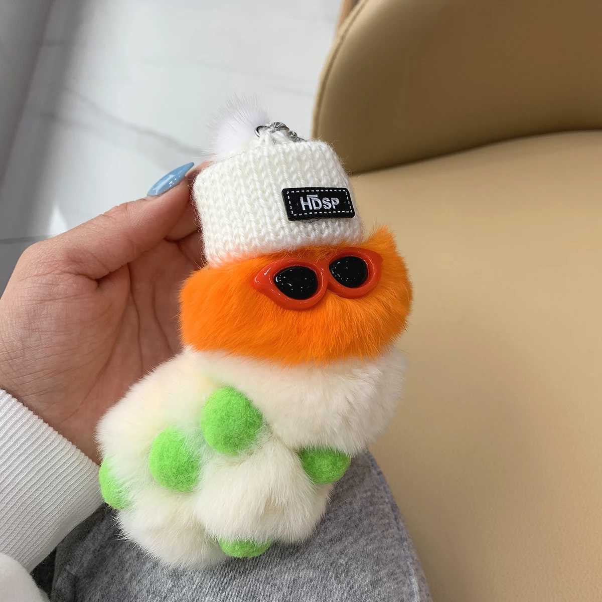 Cute colored plush caterpillar keychain with sunglasses soft rabbit fur animal canopy pendant keychain suitable for womens handbagsXJ250409