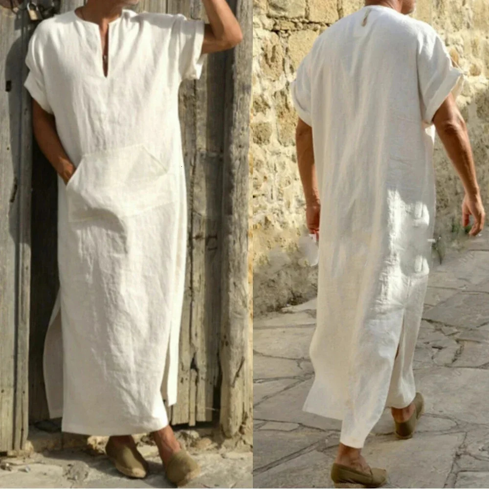 Short sleeved solid color mens Muslim Kaftan robe Jubba Thobe casual Dubai Saudi Arabia Abaya 5XL 250409