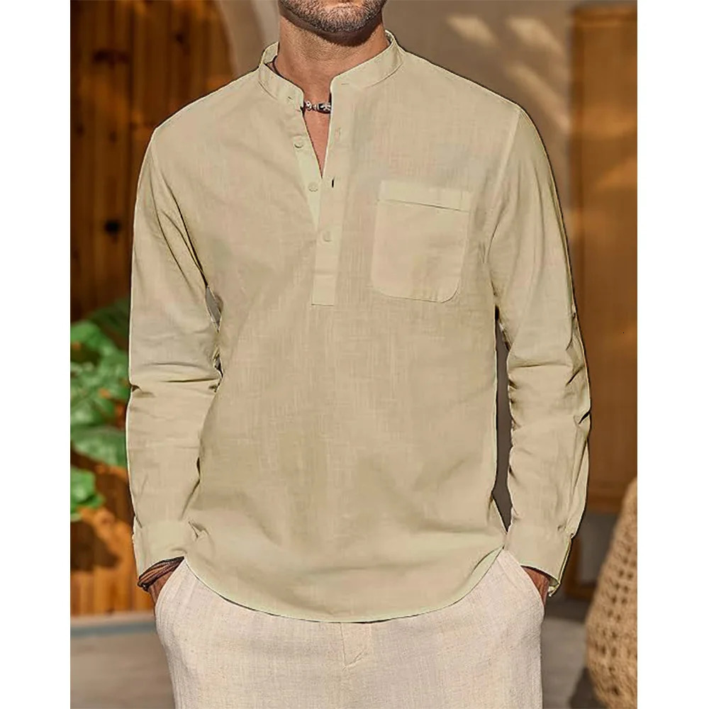 Cotton Linen Shirts for Men Casual Shirt Lightweight Vacation Long Sleeve Henley Collar Beach Shirts Hawaiian T Shirt Men 250409