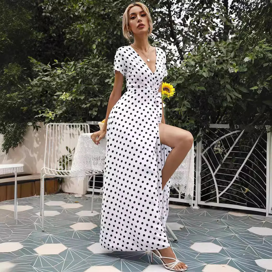 Womens Summer Dress with Polka Dot Smooth Vneck Printed Holiday Beach Fashion Bohemian Aline 250409