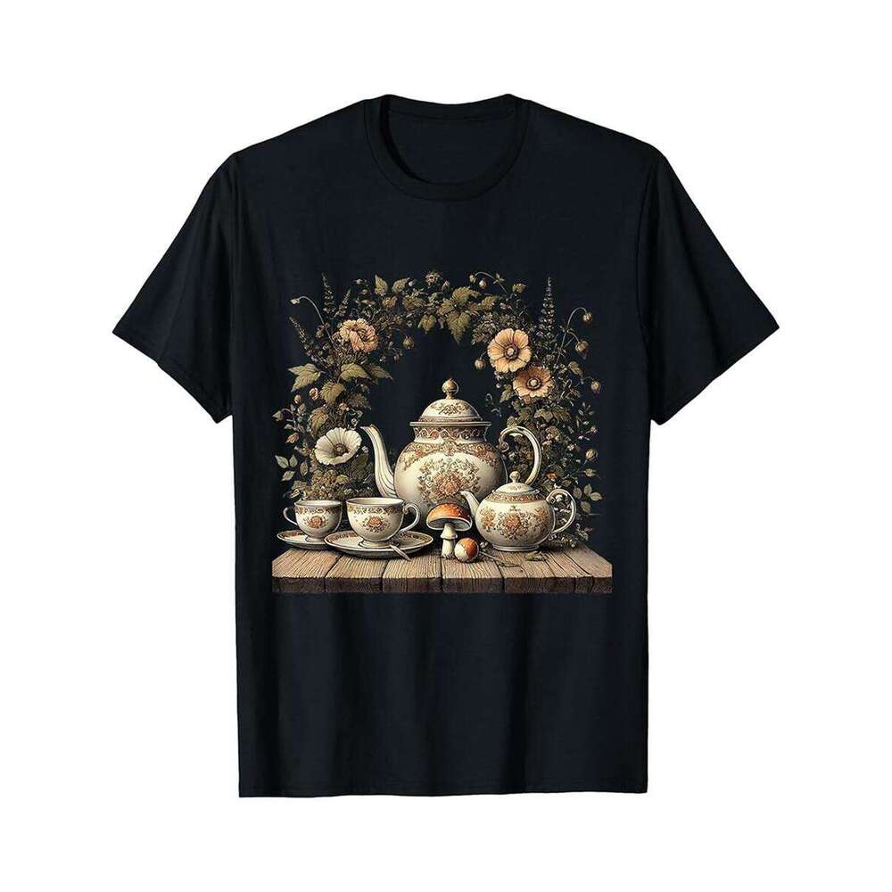 Designer T shirt Vintage Cottage core Tea Set with Botanical Mushrooms - 220g T shits