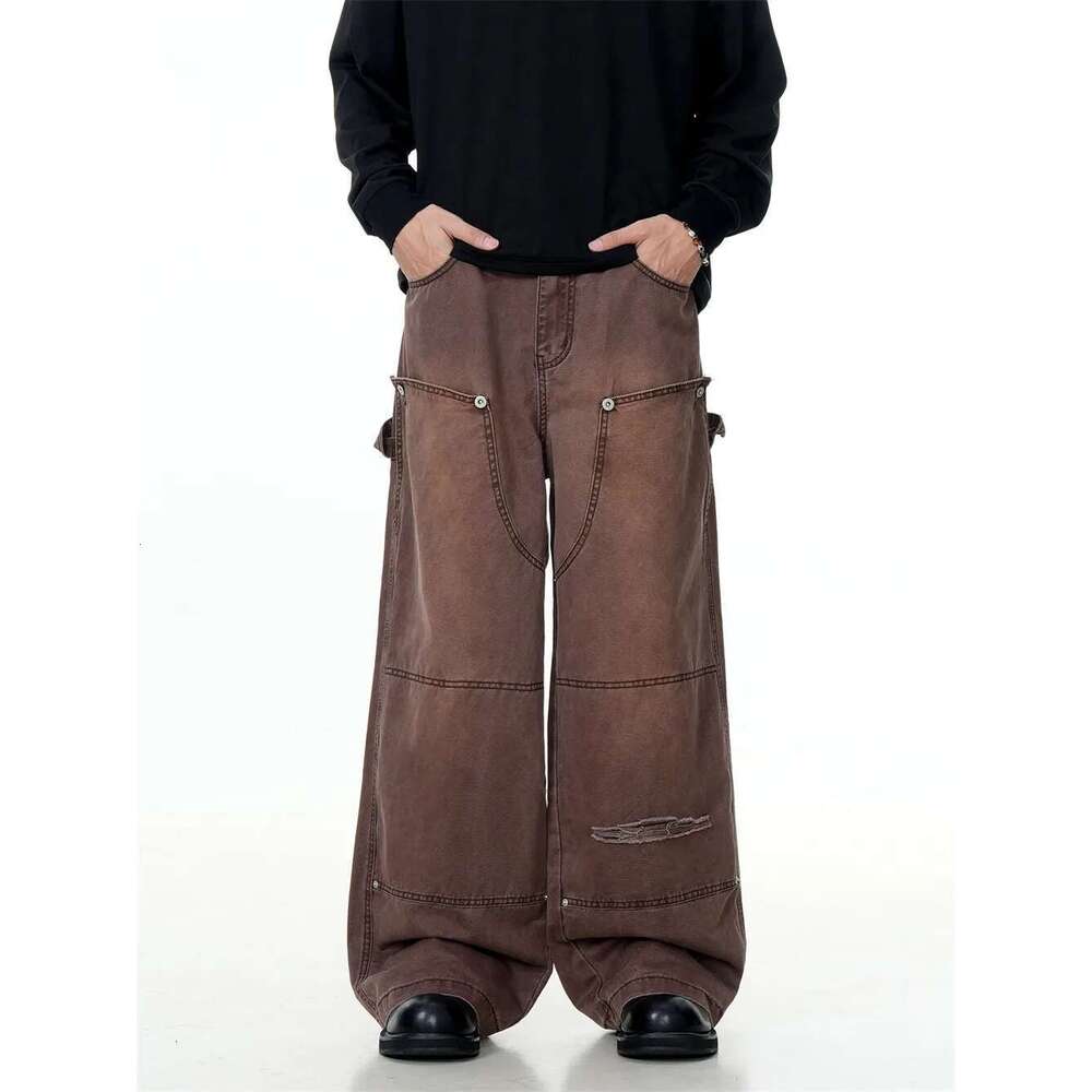 Removable Double Knee Denim Carpenter Pant Mens Retro High Street Straight Wide Leg Washed Distressed Jeans Men