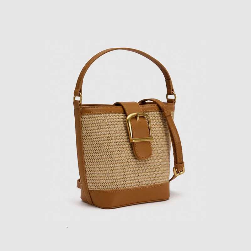 Trendy Women's Weave Bucket PU Leather Patchwork Design Handbag Summer Casual Sg Crossbody Beach Bag