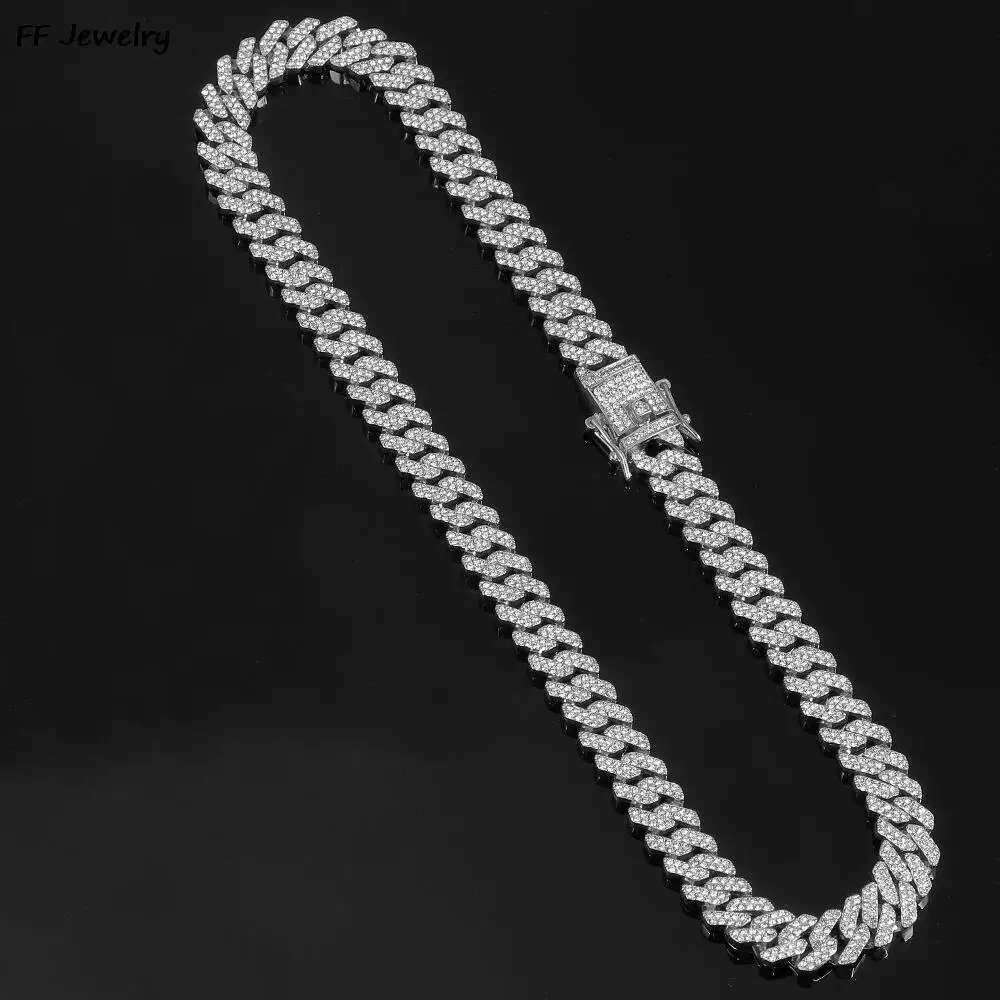 Men Women Hip hop Iced Out Bling Prong Cuban Chain Necklace 12mm Paved Rhinestone Link Chain Choker Necklace Fashion Jewelry