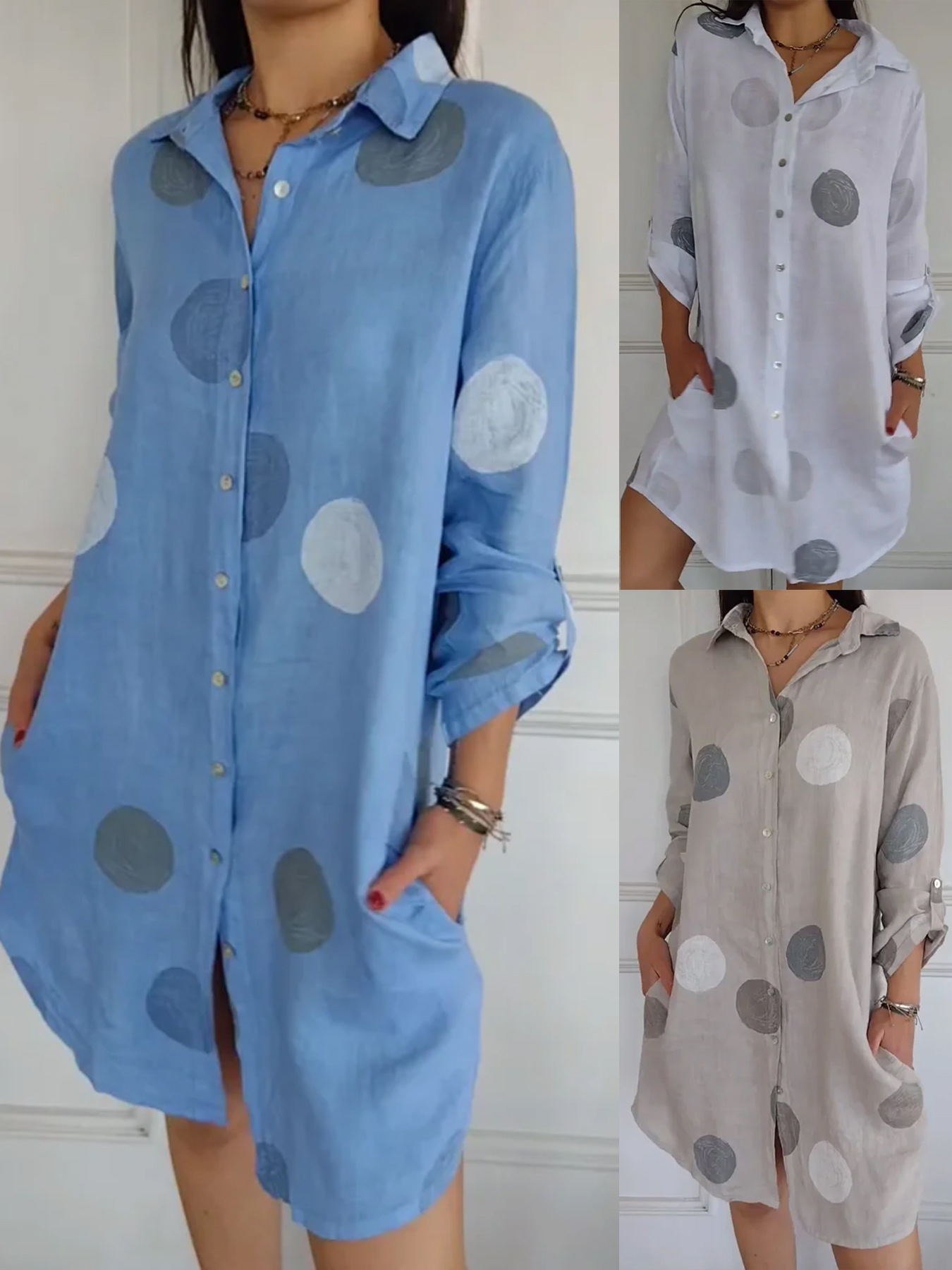 M45Versatile V-Neck Women's Button-Up Shirt Dress - Autumn Collection Printed Design