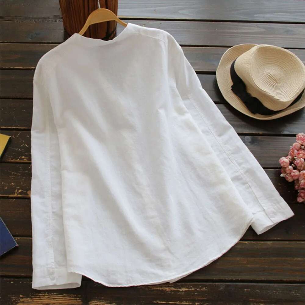 Dongdumaoyi Summer New Women Shirt Cat Printed Cotton Linen Blouse V Neck Casual Long Sleeve Button Down Top Clothes Chemise Femme T Shirt