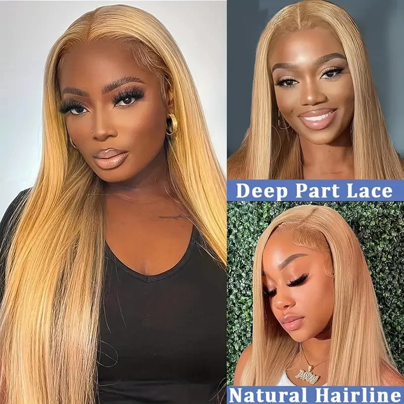 Honey blonde wig straight wig with human hair bones 13x6 high-definition transparent lace front wig #27 honey blonde colored wig 250407