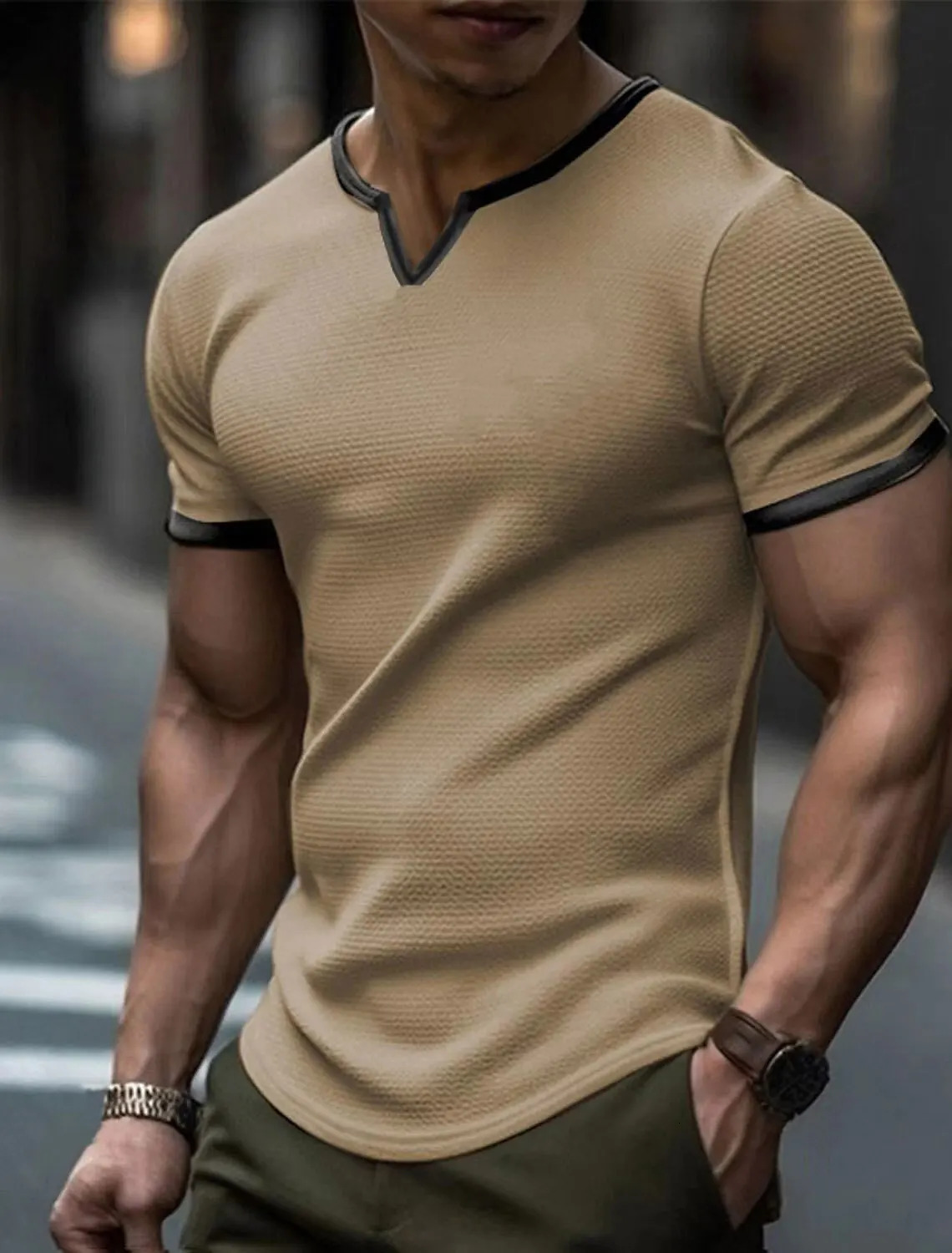 Mens T-shirt V-neck waffle solid color short sleeved loose top mens solid color patch work casual ultra-thin T-shirt 250402