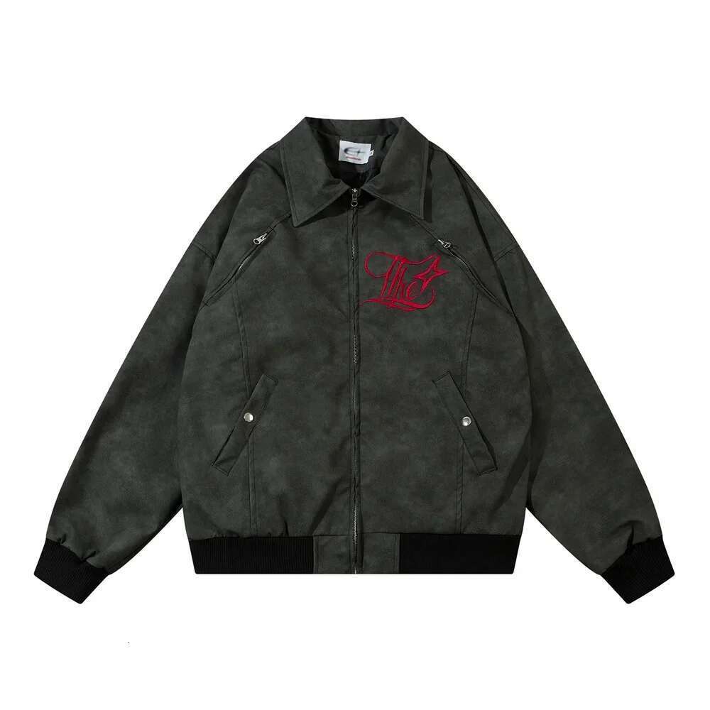 Letter Embroidery Spliced Leather Jacket Mens Retro High Street Autumn Winter Lapel Long Sleeve Outerwear Men