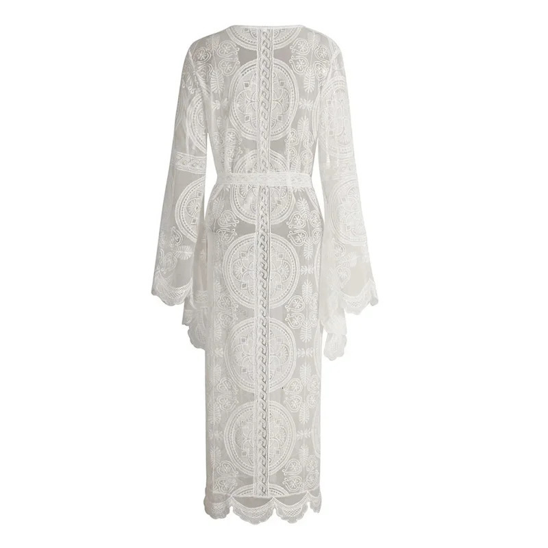 Maxi Boho Kimono Kaftan Cover-Ups Gown Robe Women Sheer Lace Crochet Wrap Beach Dress White Long Open Front Cardigan For ZT2440 250409
