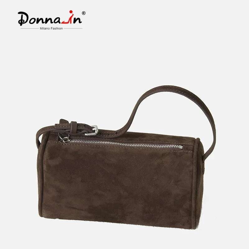 Donna-In First Layer Suede Handbag For Women Sheepskin Genuine Leather With Shoulder Strap Bag Mini Square Pen Container Shape