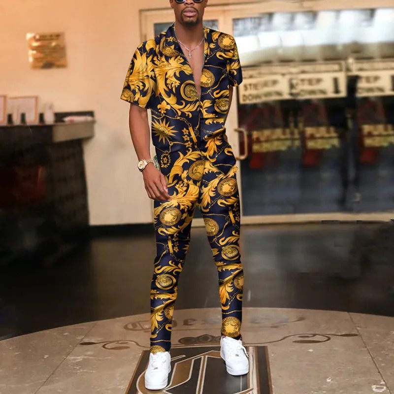 2025 European and American suits summer printed short sleeves t casual pants foreign trade mens suits mens shirts 250408 - view 5