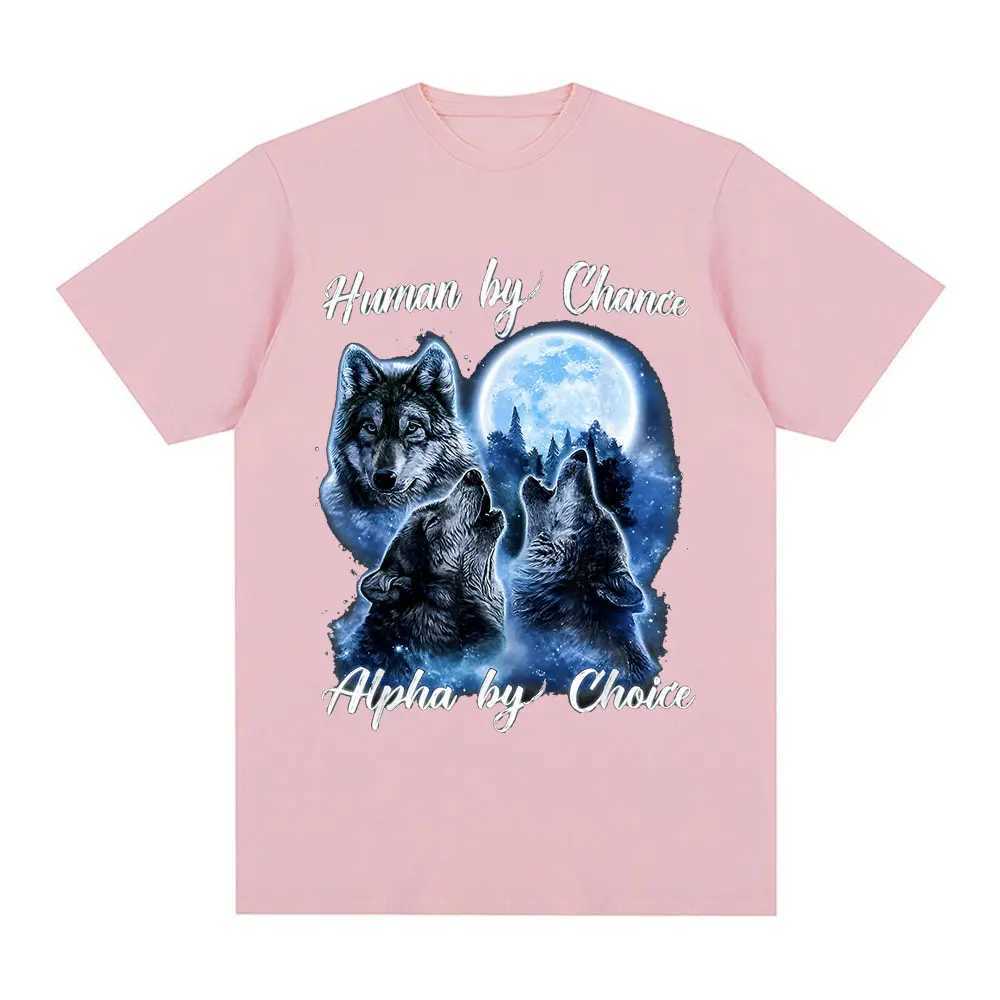 Human by Chance by Choice Wolf Graphic T-shirt Mens Fashion Hip Hop Retro Short SLeeve T-shirt Cotton Oversized T-shirtXJ250409