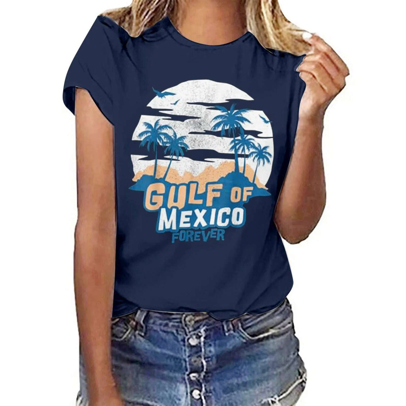 Dongdumaoyi Gulf Of Mexico Forever Tee Shirt For Women Printed T Shirts S Letter Print Round Neck Short Sleeve Top Summer Shirt