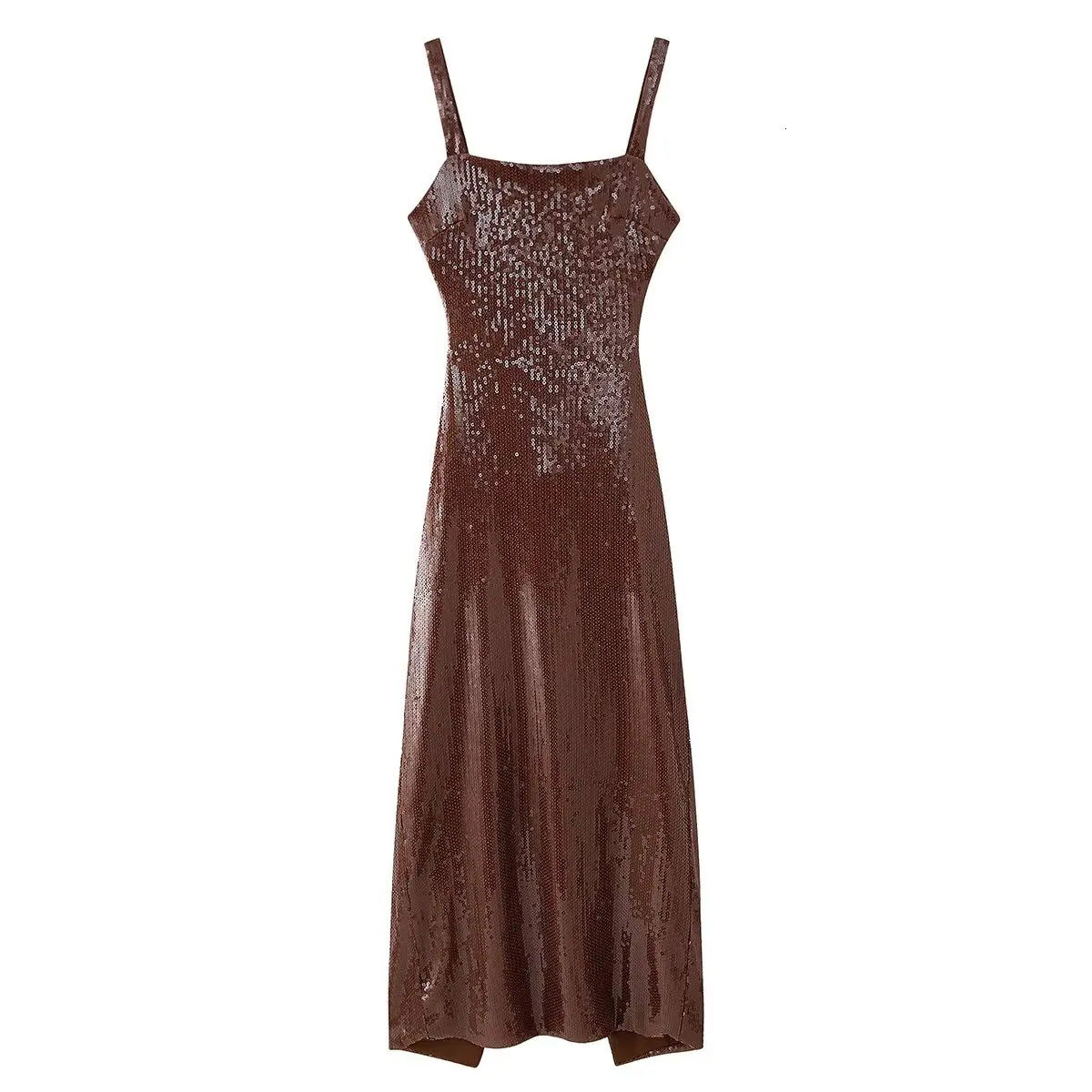 PB ZA Womens Fashion Brown Glitter Midi Dress spaghetti strap square necklace shimmers suitable for parties and outings 250409