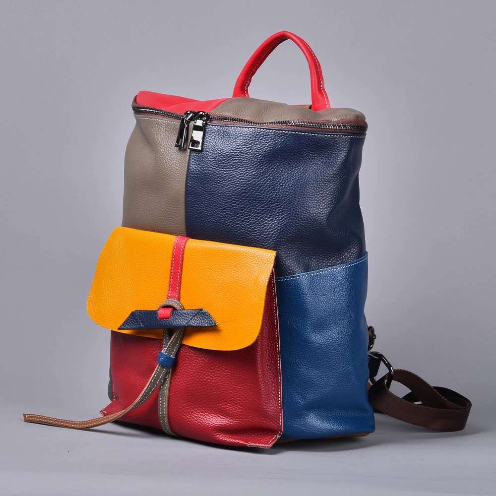 Ethnic Style Personalized Leather Colorful Random Clash Cowhide Backpack Shoulder Bag