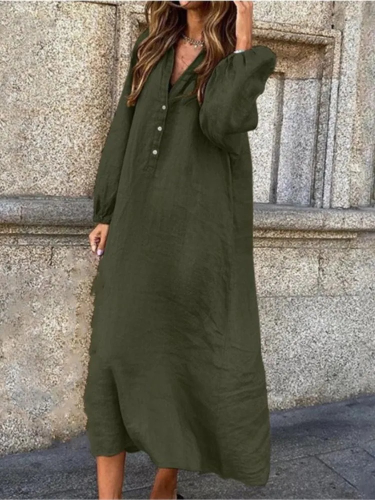 Womens autumn cotton linen solid color long sleeved sexy Vneck fashionable button casual loose comfortable dress 250409